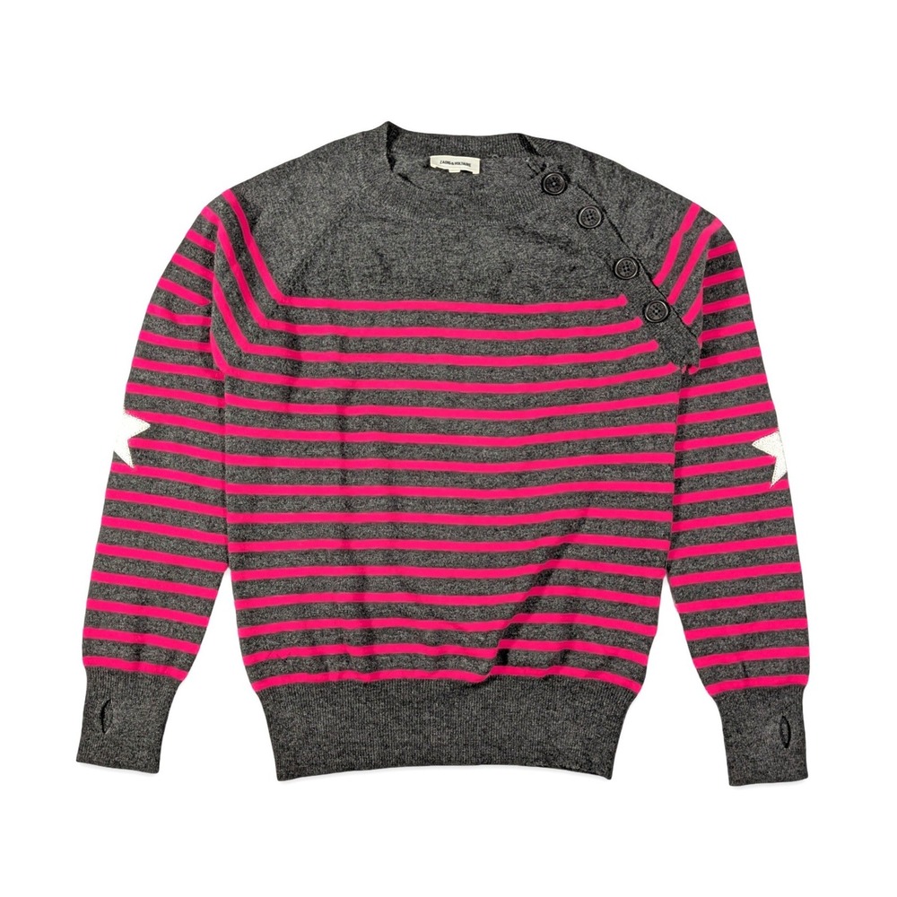Zadig & Voltaire Ava Wool Cashmere Striped Star Sweater Gray Pink Girls 16 / 16Y - Picture 1 of 12
